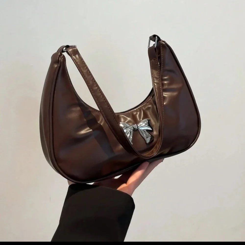 Brown leather shoulder bag with bow detail | armpit dumpling crescent moon purse - Picture 2 of 12
